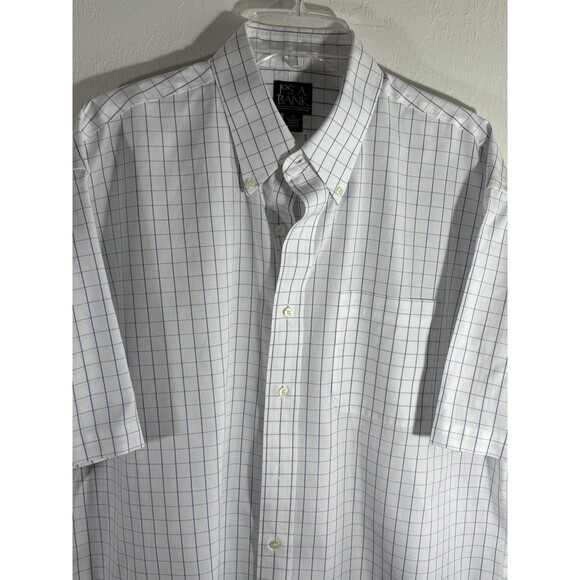 JOS.A.BANK Travelers Collection Men’s Large White Blue Plaid Cotton Button Down - Picture 1 of 10